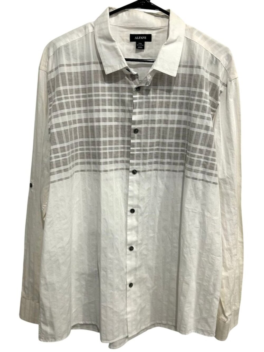 Alfani XXL Mens White Button-Up Gray Plaid Long Sleeve Shirt Minimalist Retro